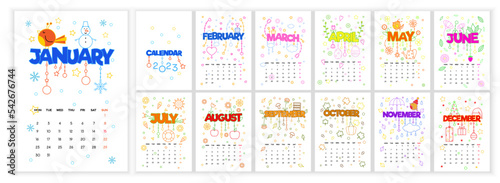 Wall Monthly Calendar 2023 in doodle style. Simple monthly vertical photo calendar Layout for 2023 year in English. Cover Calendar  12 monthes templates. Week starts from Monday. Vector illustration