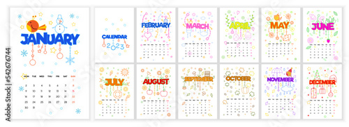 Wall Monthly Calendar 2023 in doodle style. Simple monthly vertical photo calendar Layout for 2023 year in English. Cover Calendar, 12 monthes templates. Week starts from Monday. Vector illustration photo