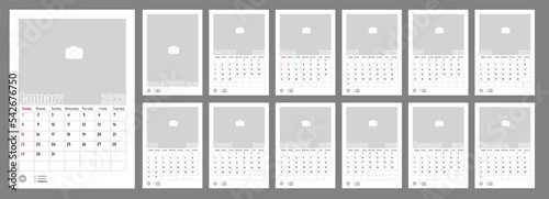 Wall Monthly Photo Calendar 2023. Simple monthly vertical photo calendar Layout for 2023 year in English. Cover Calendar, 12 monthes templates. Week starts from Monday. Vector illustration