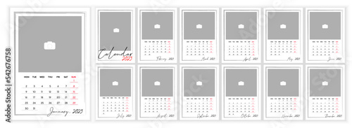Wall Monthly Photo Calendar 2023. Simple monthly vertical photo calendar Layout for 2023 year in English. Cover Calendar, 12 monthes templates. Week starts from Monday. Vector illustration