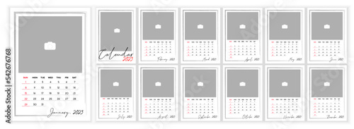 Wall Monthly Photo Calendar 2023. Simple monthly vertical photo calendar Layout for 2023 year in English. Cover Calendar, 12 monthes templates. Week starts from Monday. Vector illustration