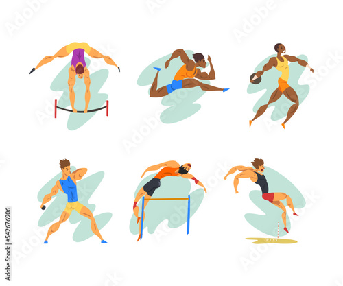 Professional Man Athlete Running, Jumping, on Barbell and Discus Throwing Vector Set