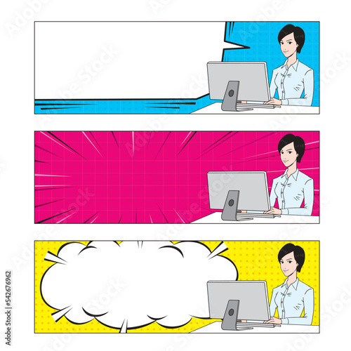 アメコミタッチのパソコンを操作する日本人女性