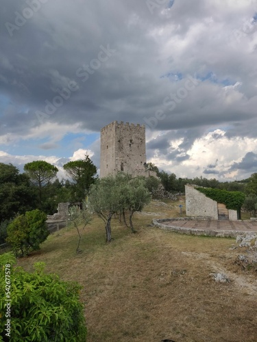 Vertical of the Cicerone Tower in Italy under a cloudy sky,