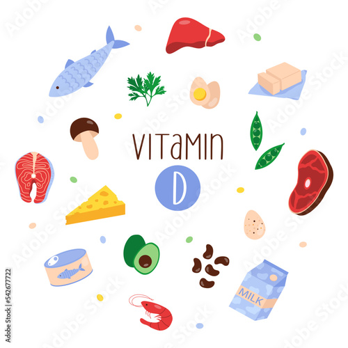 Collection of vitamin D sources. Food enriched with cholecalciferol. Flat vector illustration.