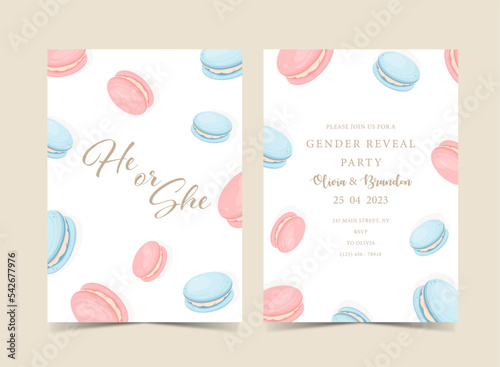  Invitation for gender reveal party with macarons blue and pink. Vector flat illustration for card, , design, flyer, poster, decor, banner, web, advertising.