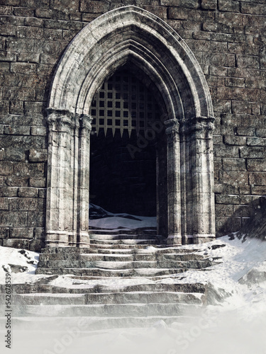 Gate with iron bars and stairs to a castle in winter. 3D render.