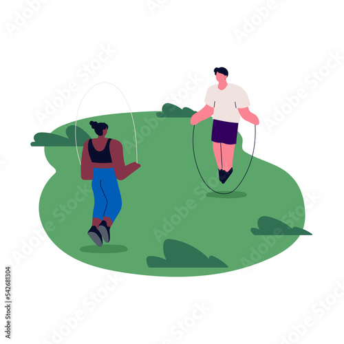 Couple jumping with skipping, jump rope in park. Man and woman during outdoor activity, cardio exercising together, training, workout in nature. Flat vector illustration isolated on white background