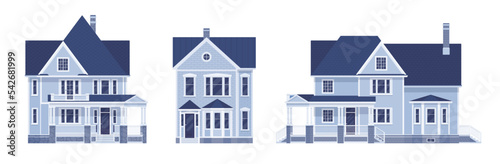Beautiful light blue house cartoon set. Mansion erker element, housing industry, neighborhood residence, home hunting, new building purchase, renting, owning residence. Vector flat style illustration