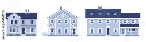 Two story contemporary house cartoon set. Expensive building, urban design amazing exterior with balconies, luxury details, residential, commercial, real estate market. Vector flat style illustration