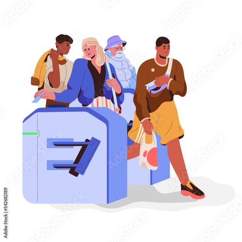 People passengers passing turnstile with electronic automatic access. Citizens crowd going through tourniquet, stile barrier, security control. Flat vector illustration isolated on white background