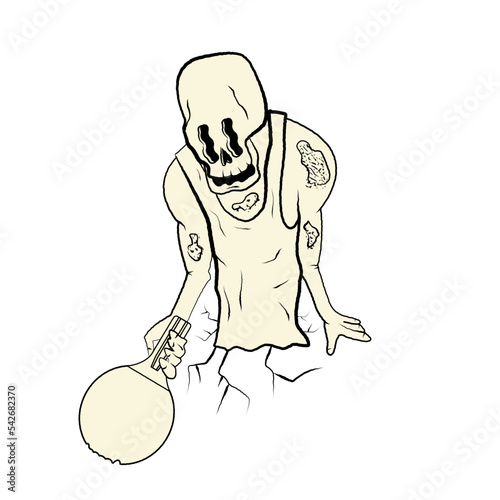 Skeleton, undead, zombie with a tennis racket in his hand climbs out of the ground. Halloween. Black and white style. Stock vector illustration of skeleton, zombie, undead. Isolated white background.