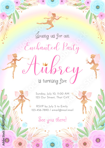 Fairy birthday party invitation template. Gold sparkling silhouette of a cute little pixie on a beautiful floral background with a rainbow. Vector illustration 10 EPS.