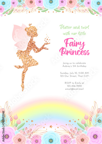 Fairy birthday party invitation template. Gold sparkling silhouette of a cute little pixie on a beautiful floral background with a rainbow. Vector illustration 10 EPS.