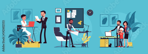 Business, home, office and happy lifestyle scene cartoon set. Businesswoman, businessman at work, interior, parents presenting happy child new laptop. Vector creative vibrant botanical illustration