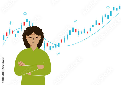 A woman on the background of a Forex chart. Conceptual illustration on the topic of strategic planning in trading on the stock exchange.