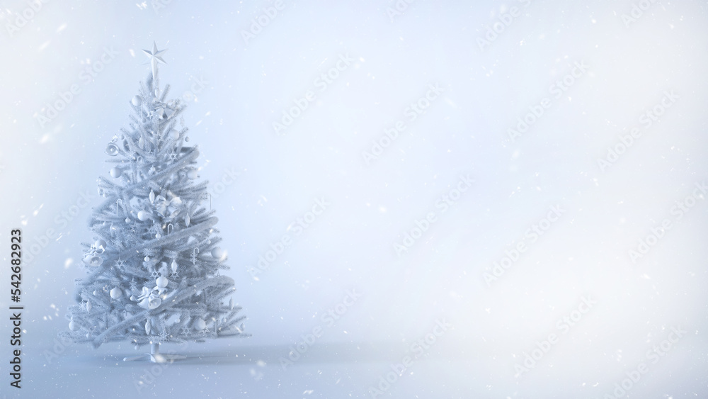 White Christmas tree with snow on a white background with copy space.