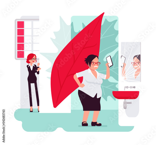 Female emotional stress, feminine health crisis. Woman breaking mirror with phone, feeling bad in painful menses, hormones, blood pressure, pain. Vector creative vibrant botanical illustration