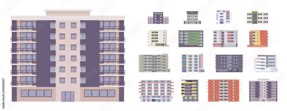 Modern city tower block building set. High rise new and glassy tall apartment buildings, multi-storey public housing project, social complex urban residence development. Vector flat style illustration - obrazy, fototapety, plakaty 