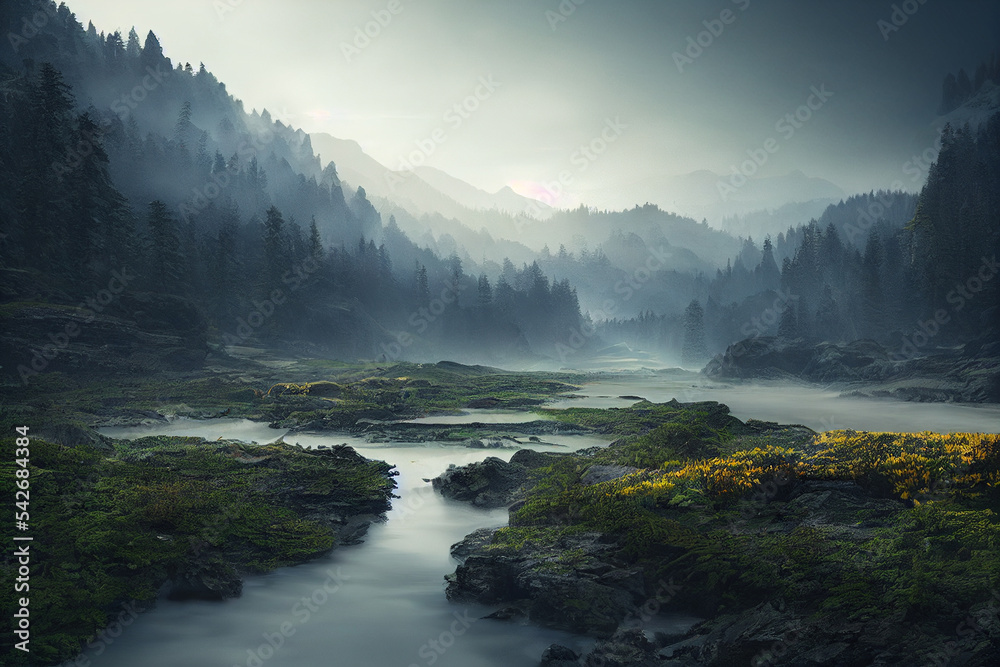 Breathtaking Foggy Morning Landscape 4k background Stock Illustration