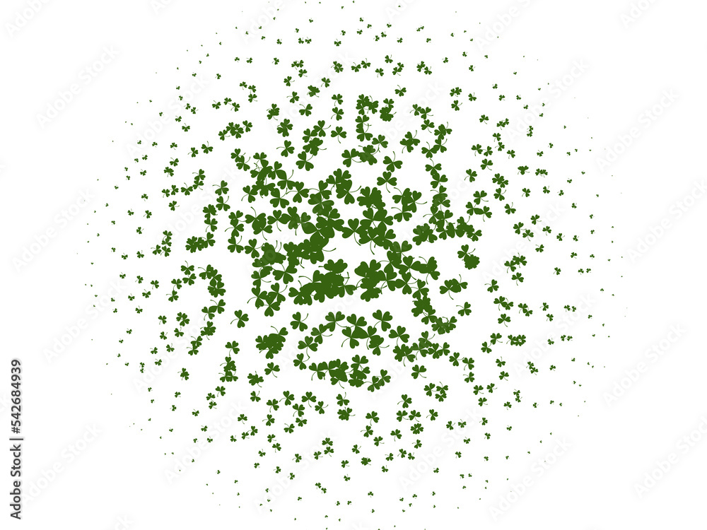 Flying leaves of clover different scales of green clour on a light background. Pattern for St. Patrick's Day. Rectangular, horizontal wallpaper. Vector illustration Flying leaves of clover different scales of green clour on a light background. Pattern for St. Patrick's Day. Rectangular, horizontal wallpaper. Vector illustration