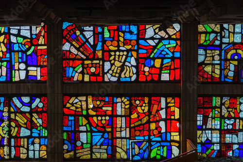Large stained glass window with block pattern