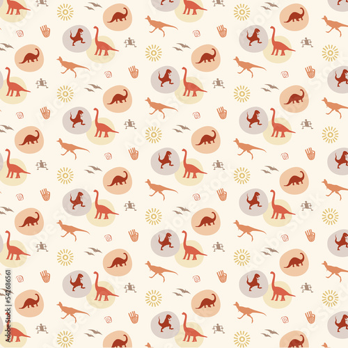 Seamless vector pattern with dinosaurs, cave paintings, and pebbles in earth tones for boys and babies