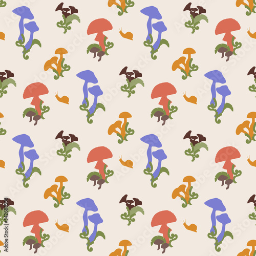 Seamless colorful vector pattern with mushrooms, snails, and leaves