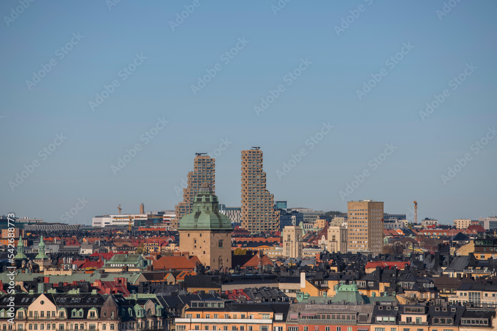 Court house tower, skyscrapers and apartment building in the districts Kungsholmen and Vasastan a sunny autumn day in Stockholm