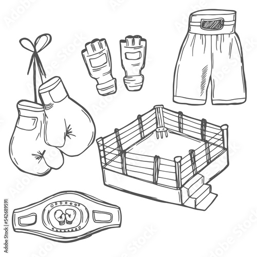 Doodle vector set: Boxing sport equipments and objects such as tank top, trunk, fight gear, gloves, belt, speed bag, etc. Black and white line illustration