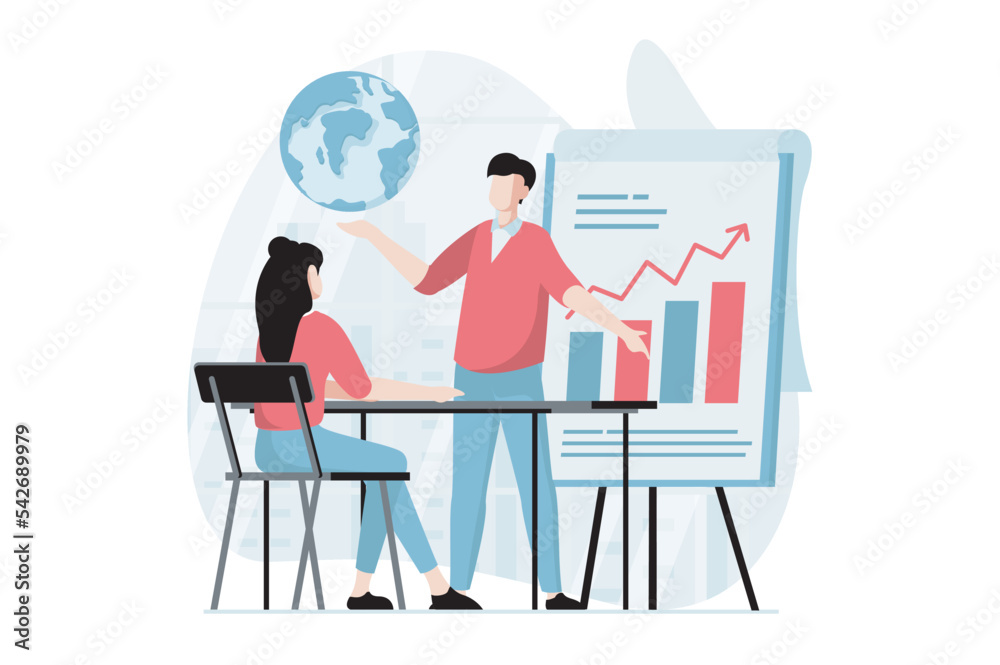 Global economic concept with people scene in flat design. Man and woman discussing and analyzing financial data, creates strategy at meeting. Vector illustration with character situation for web
