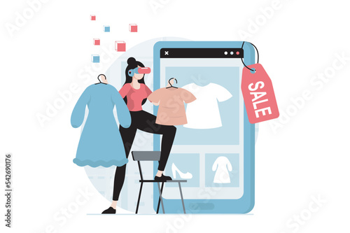 Metaverse concept with people scene in flat design. Woman wearing VR goggle and shopping in cyberspace, choosing goods on screen of mobile phone. Vector illustration with character situation for web