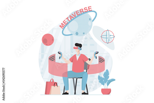 Metaverse concept with people scene in flat design. Man wearing VR headset interacting with virtual screens, playing or having virtual shopping. Vector illustration with character situation for web