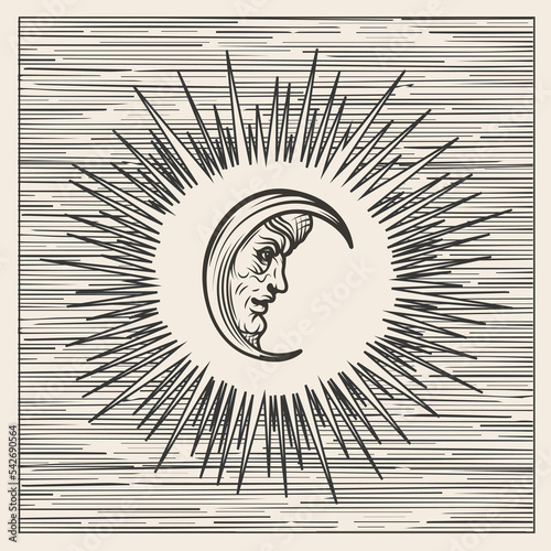 Moon with face engraving style vector illustration durer style