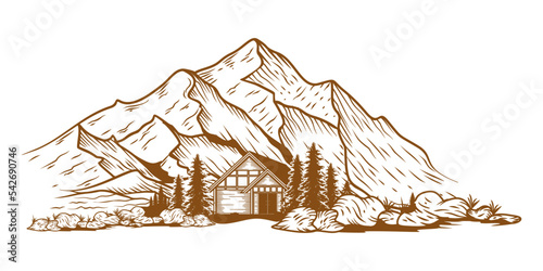 Silhouette of mountains, cabin and pine trees, outdoor scene vector illustration