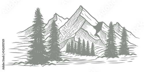 black and white line art of mountains and pine trees, landscape outdoor scene vector illustration