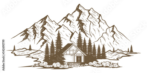 hand drawn mountain design. illustration of mountains cabin and pine trees.	