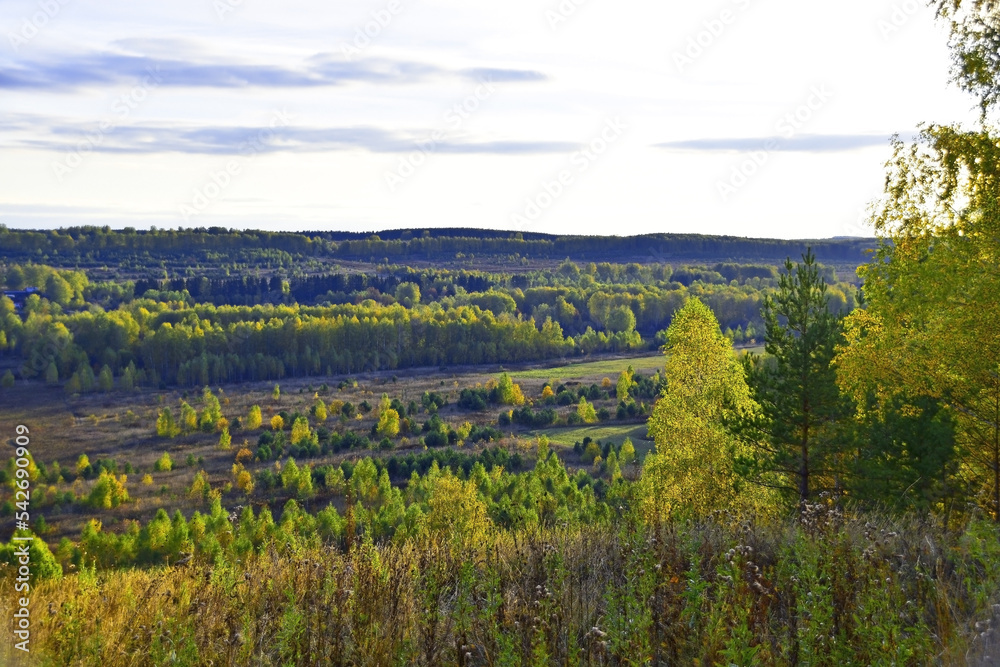 Autumn panorama of the Sylva river valley from the top of Mount Podkamennaya
