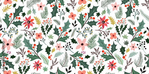 Botanical Christmas seamless pattern, wallpaper, winter design with holly leaves, poinsettia, pine tree, seasonal plants 
