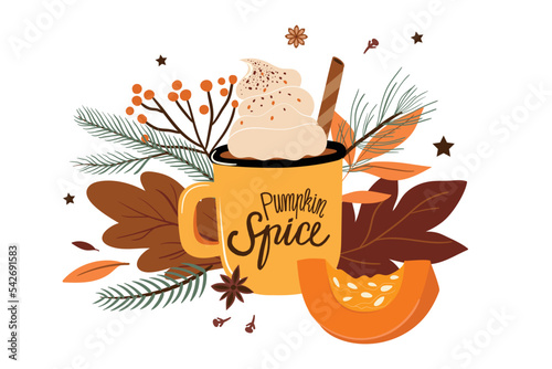 Pumpkin spice latte coffee cup with pumpkin slice and leaves, seasonal design isolated on white, poster, greeting card
