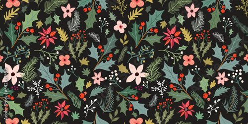 Botanical Christmas seamless pattern, wallpaper, winter design with holly leaves, poinsettia, pine tree, seasonal plants 