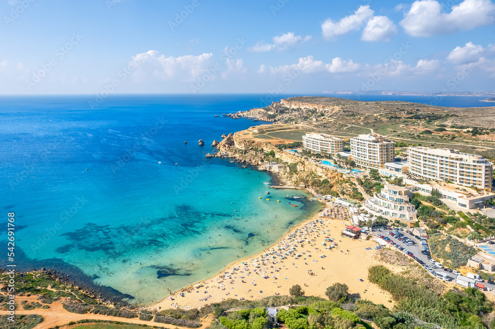 Landscape with Golden bay beach, Malta - obrazy, fototapety, plakaty 