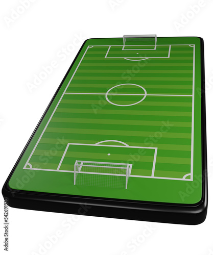 Smartphone with soccer field on screen isolated. 2022 World cup at Qatar. 3D rendering