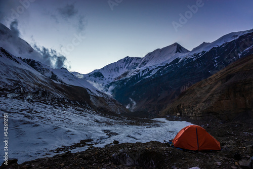 Orange tent in Dhaulagiri base camp in Himalaya mountains  Nepal