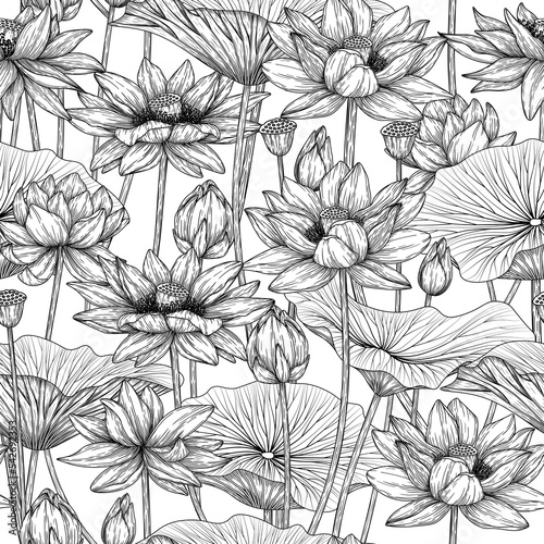 Seamless vector pattern garden with lotus flowers in engraving style