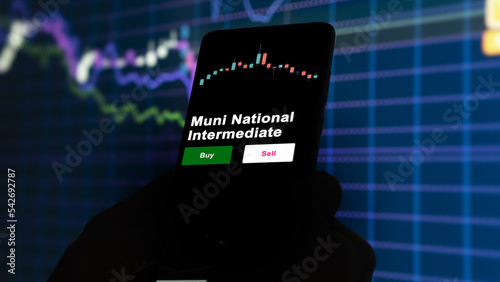 An investor's analyzing the Muni National Intermediate etf fund on screen. A phone shows the ETF's prices muni national intermediate to invest photo