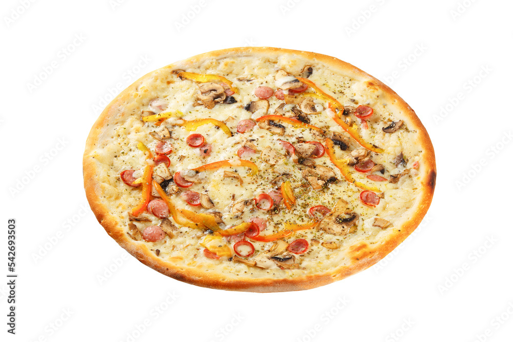 Delicious classic italian pizza with Mozzarella, paprika, pepperoni sausage and mushrooms Delicious classic italian pizza with Mozzarella, paprika, pepperoni sausage and mushrooms