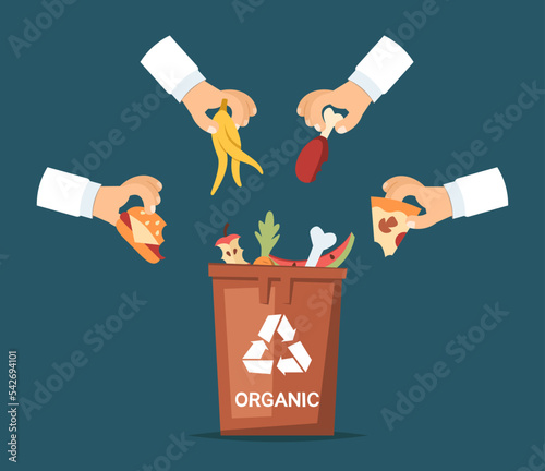 Organic trash bin with hands holding trash. Cartoon style vector illustration