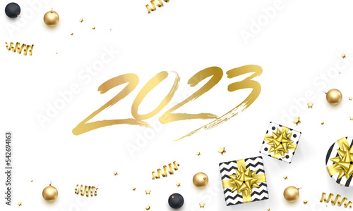 2023 gold new year lettering on Holiday glittering background. Vector New Year Eve sparkle background with golden 2023 number, snowflakes and gifts
