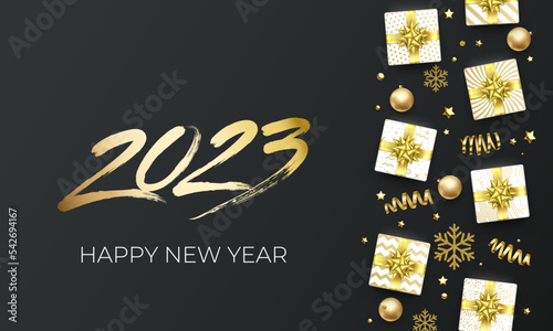2023 gold new year lettering on Holiday glittering background. Vector New Year Eve sparkle background with golden 2023 number, snowflakes and gifts